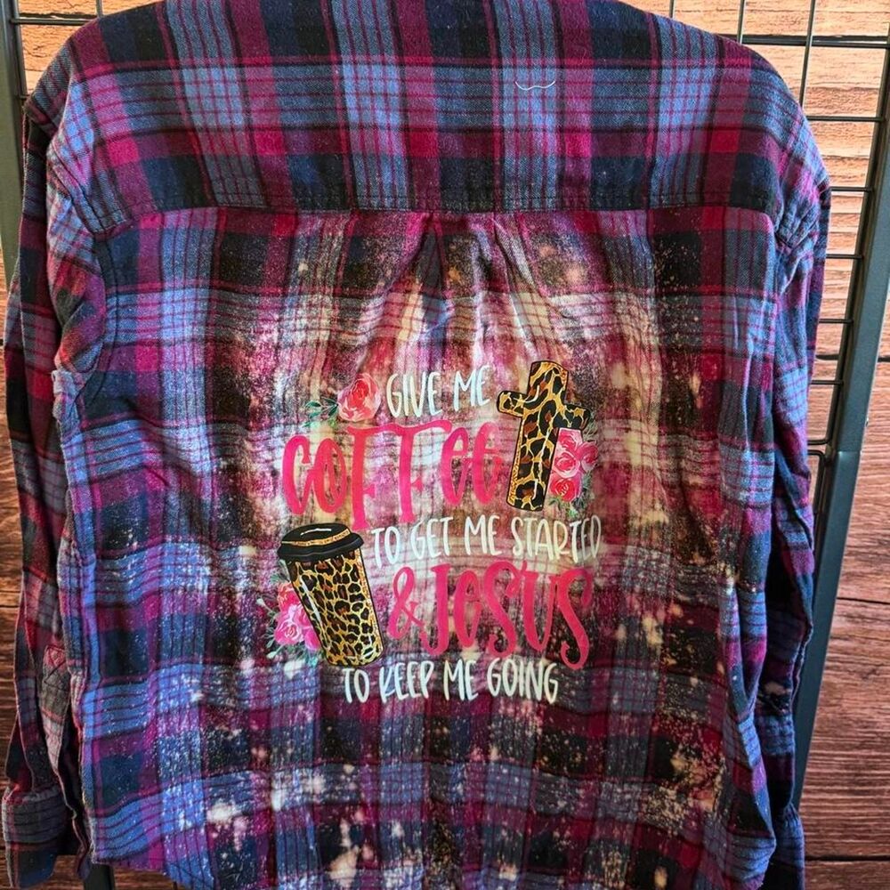 upcycled flannel w coffee and jesus print sz sm